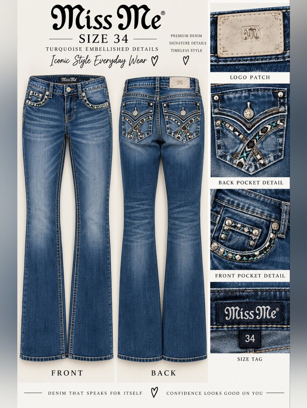 Miss Me Blue Denim Flare Jeans with Turquoise Embellished Pockets